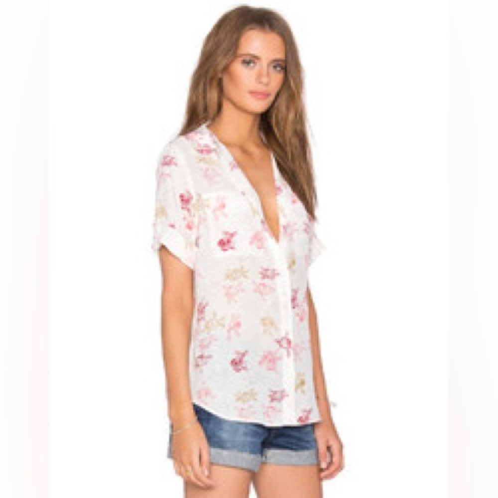 Equipment femme silk floral button down short sleeve top Sz XS